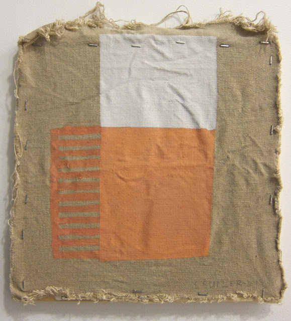 Egress 2013 pigment, binder, staples, stretcher on laundered linen 12 x 12 inches Private collection, New York, NY.