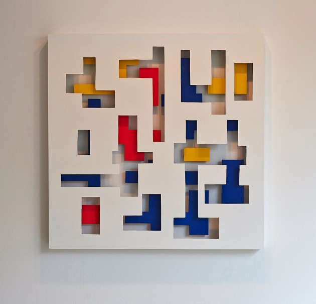 Double Does 2  90 x 90 x 10cm  Layered wood and painted construction made with the help of Galerie Wolkenbank for my solo show PURPOSE MAKER during my stay late last year. It is based on Theo Van Doesburgs’ grid work.